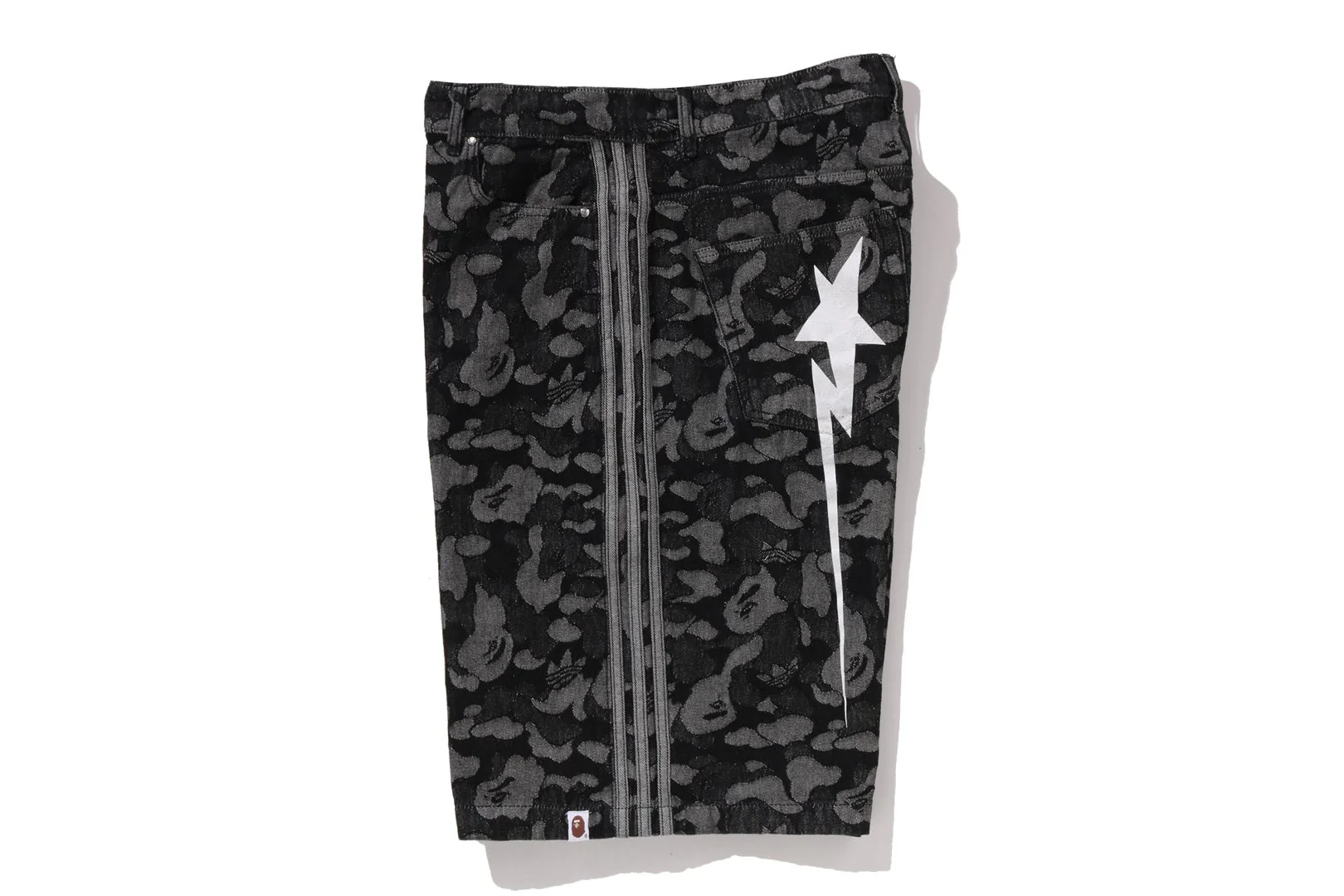 BAPE X ADIDAS CAMO JACQUARD SHARK DENIM JORTS - Image 2