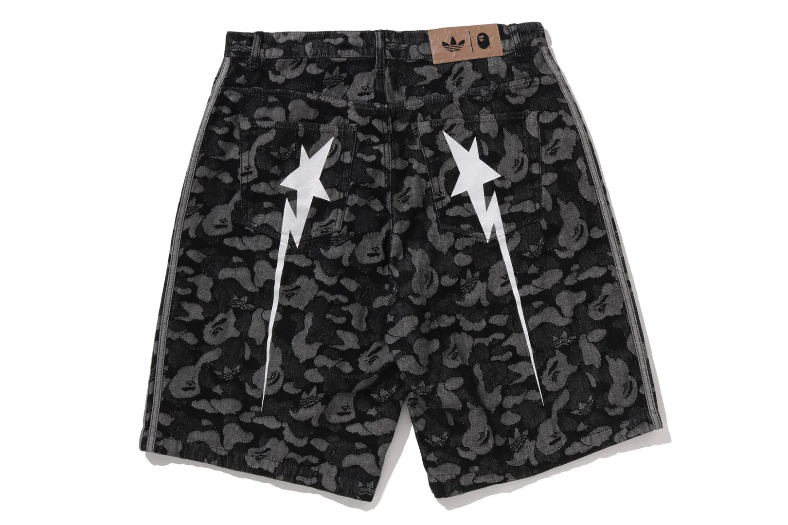 BAPE X ADIDAS CAMO JACQUARD SHARK DENIM JORTS - Image 3