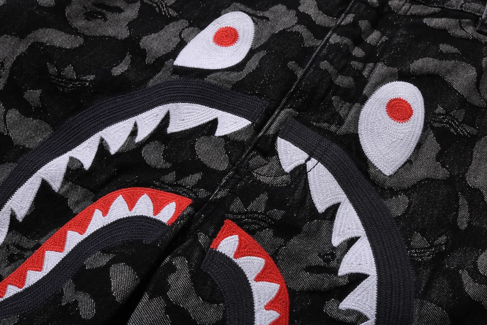 BAPE X ADIDAS CAMO JACQUARD SHARK DENIM JORTS - Image 4