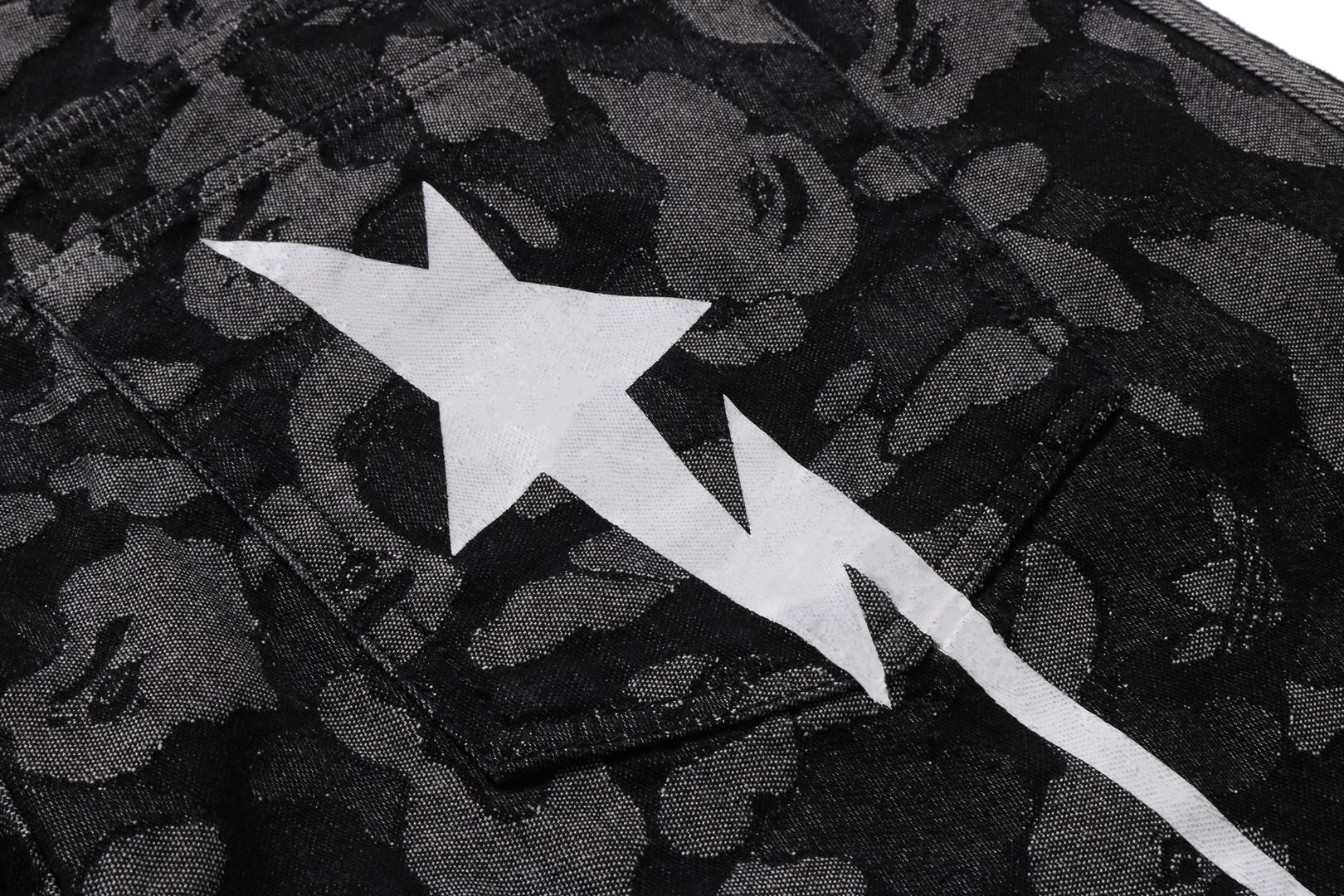 BAPE X ADIDAS CAMO JACQUARD SHARK DENIM JORTS - Image 5
