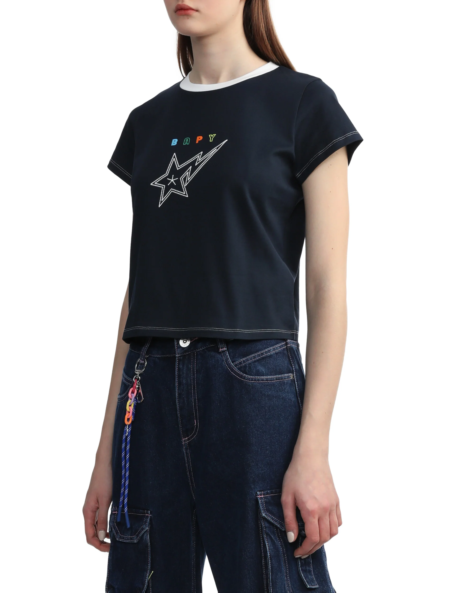BAPY WOMENS COTTON CONTRAST STITCH STA T-SHIRT - Image 3
